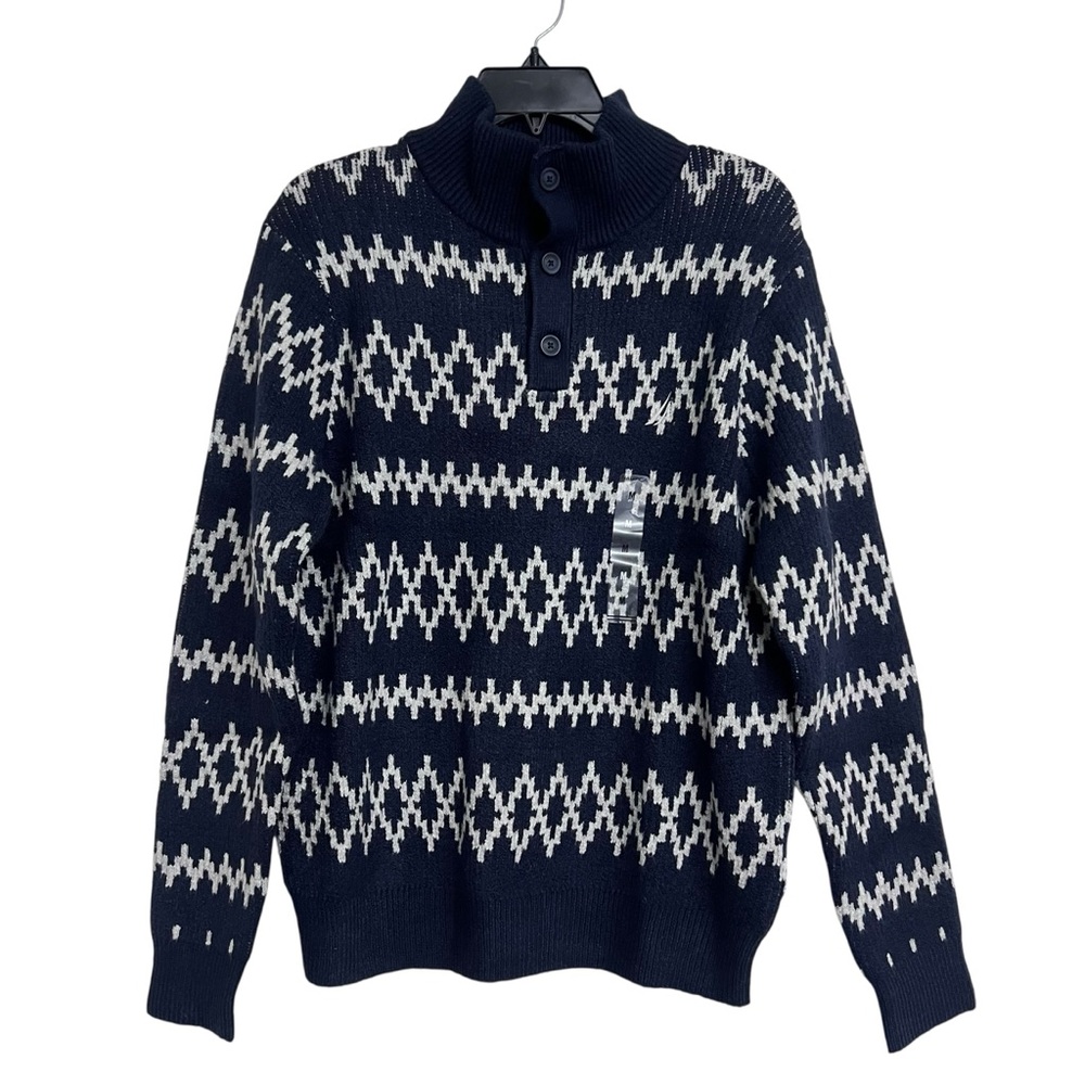 NWT‎ Men's Nautica Jacquard Mock Neck Navy and White Patterned Sweater